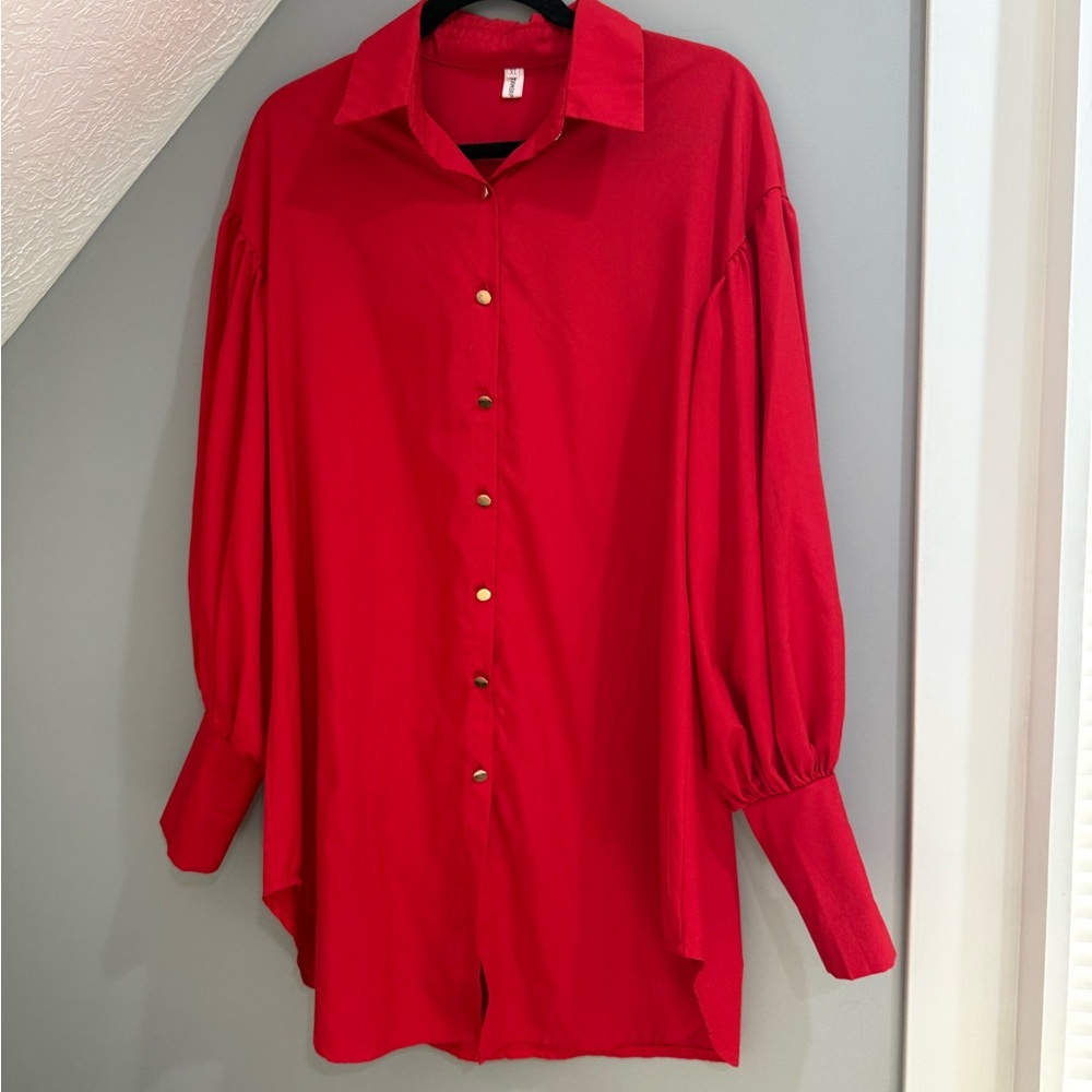 Red Button-Up Blouse with Gold Accents